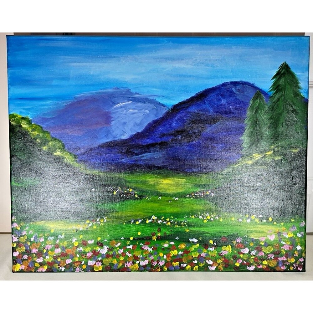 Original Acrylic Painting 16” x 20” on Canvas Framed Mountain Valley Wildflowers